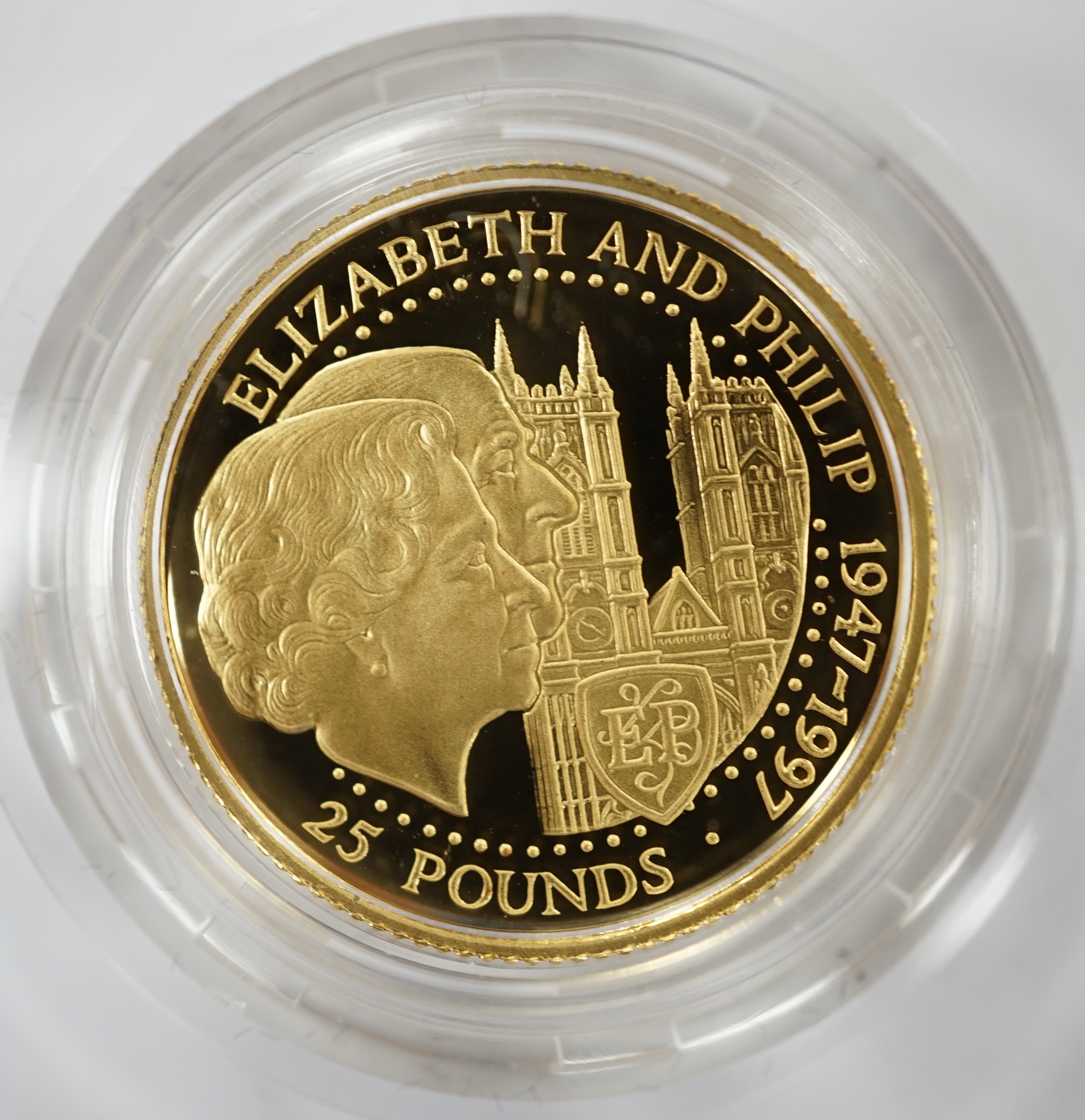 Gold coins, Guernsey, 1997 gold proof £25 coin, commemorating the Golden wedding of HM QEII and Prince Philip, in Westminster case with Royal Mint certificate